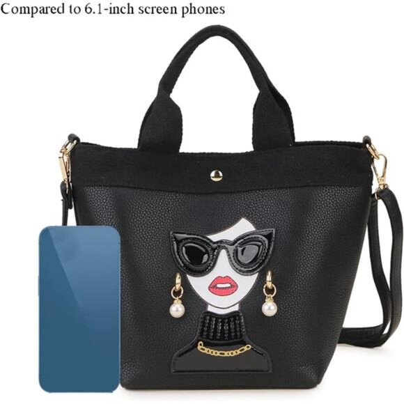 Quirky Lady Face Handbag - PU Leather Satchel, Top Handle Shoulder Bag - Picture 4 of 6